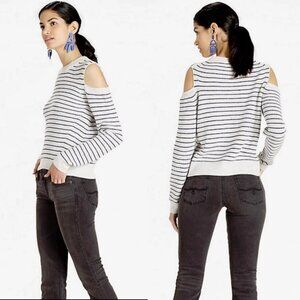 LUCKY BRAND Striped Wool Blend Cold Shoulder Ribbed Knit Sweater Grey & Blue XL